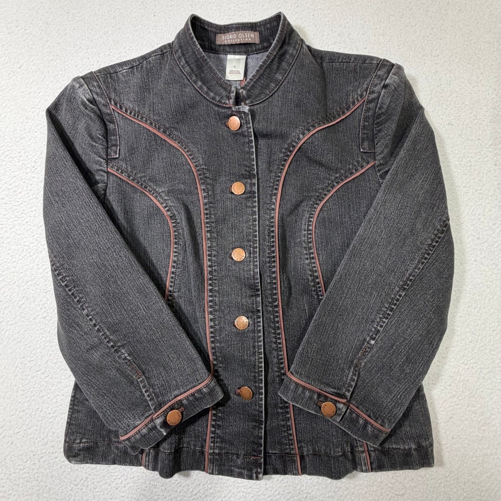 Sigrid Olsen Denim Jacket Womens 6‎ Gray Pink Piping Mock Neck Western Button Up